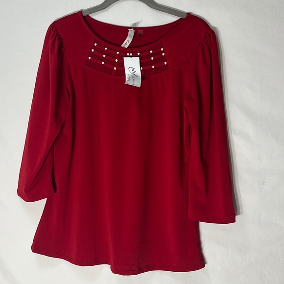 NY Collection Red 3/4 Sleeve Crepe Knit Top (Irregular) - Picture 1 of 11